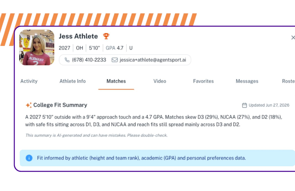 AI-powered college fit summary in athlete profile
